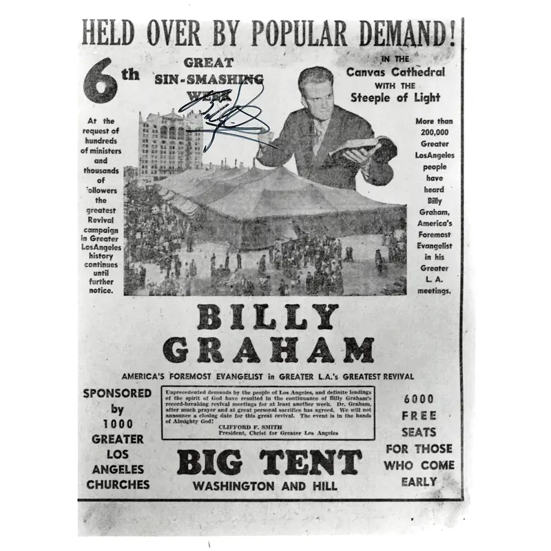 Billy Graham Authentic Signed 8x10 Revival Advertising Photo BAS #AD05000