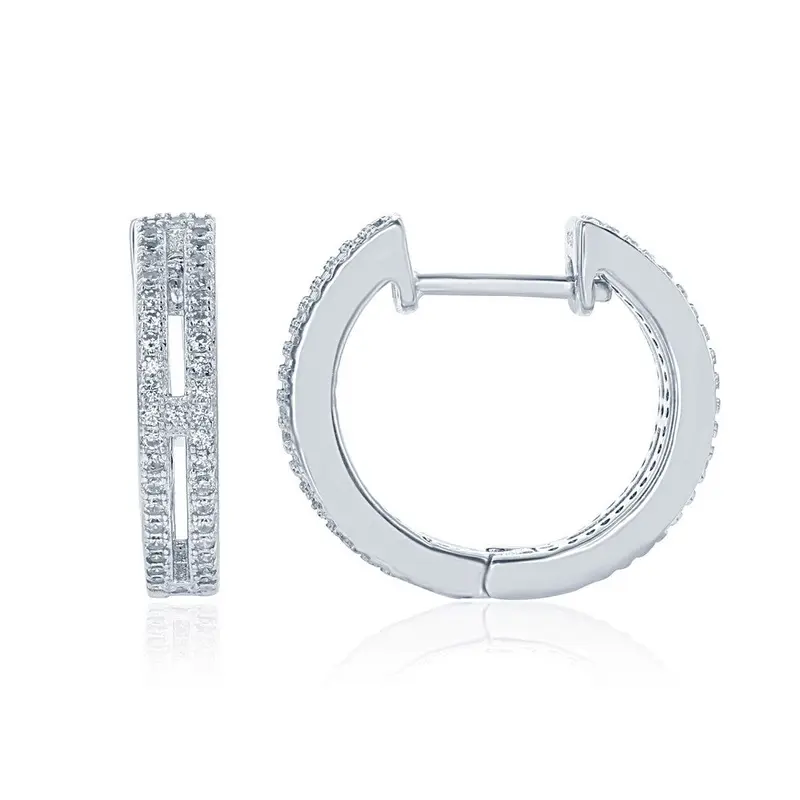 Sterling Silver Open Double Row CZ Hoop Earrings