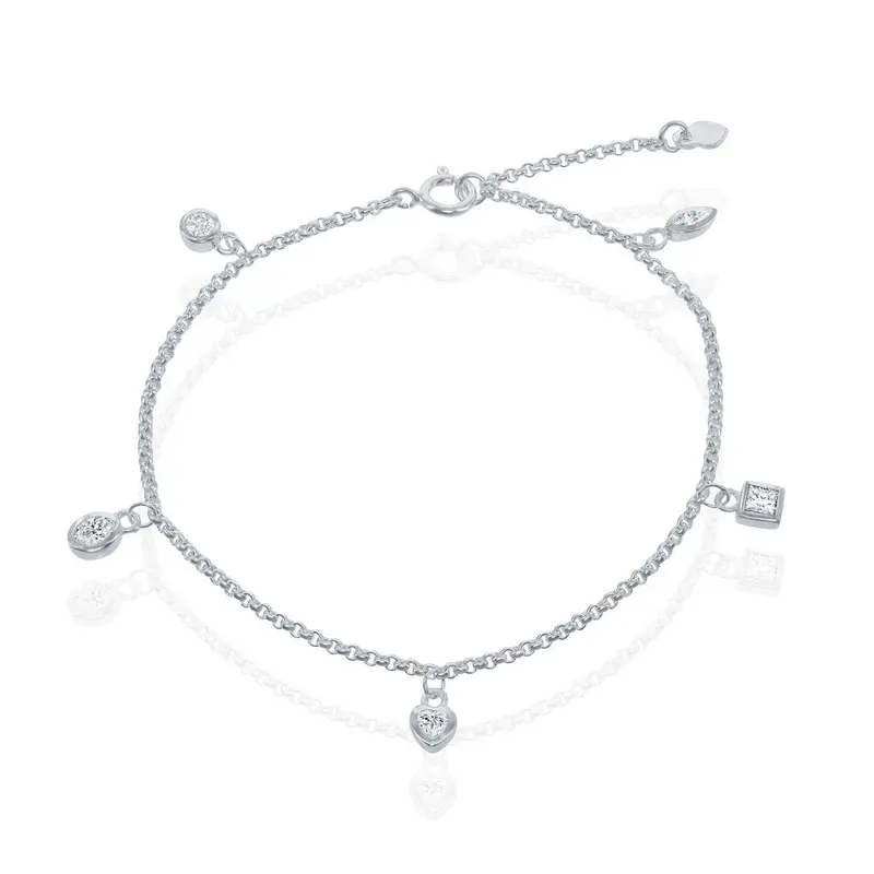 Sterling Silver W/ Hanging Charms CZ Bracelet