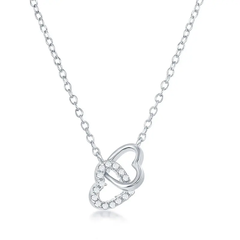 Sterling Silver, Interlocking CZ & Plain Heart Necklace