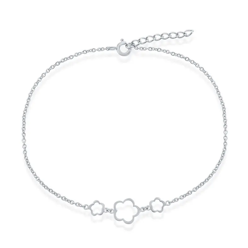 Sterling Silver W/ 3 Center Flowers Anklet