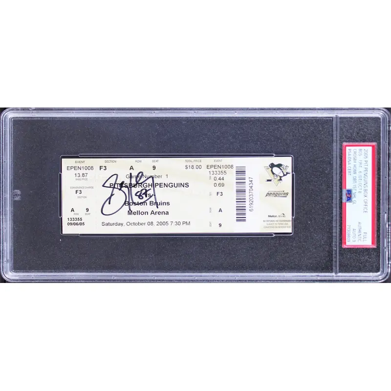 Penguins Sidney Crosby Signed 2005 NHL Debut Full Ticket Stub Auto 9 PSA Slabbed
