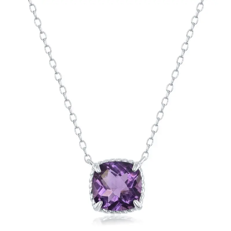 Sterling Silver Four-Prong Square Gem Necklace - Amethyst