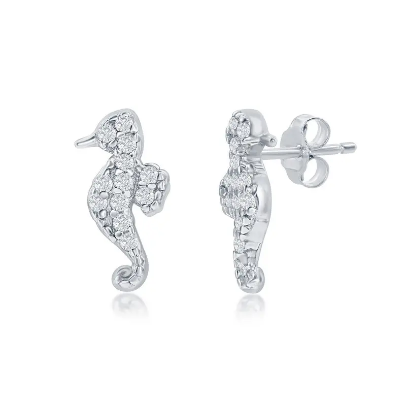Sterling Silver CZ Seahorse Stud Earrings