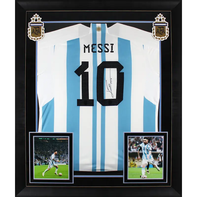 Argentina Lionel Messi Authentic Signed White & Blue Striped Framed Jersey BAS