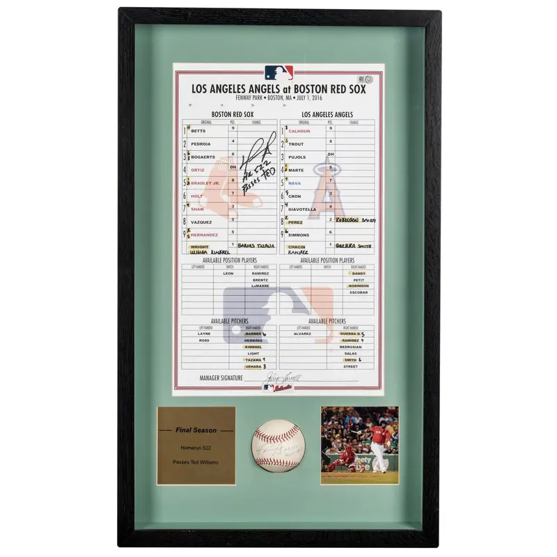 David Ortiz 522nd Home Run Signed Game Used Baseball Passes Ted Williams