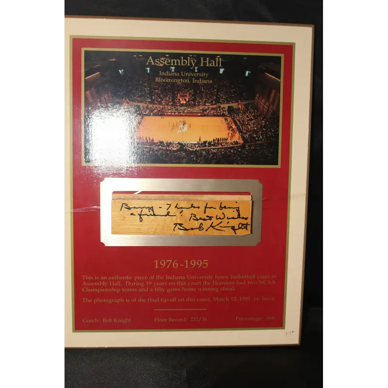 Bob Knight Autographed Indiana University Assembly Hall Floor Plaque