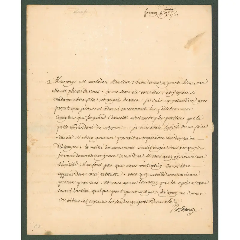 Voltaire Authentic Signed 7.5x9.25 1761 Handwritten Letter BAS #AB14371