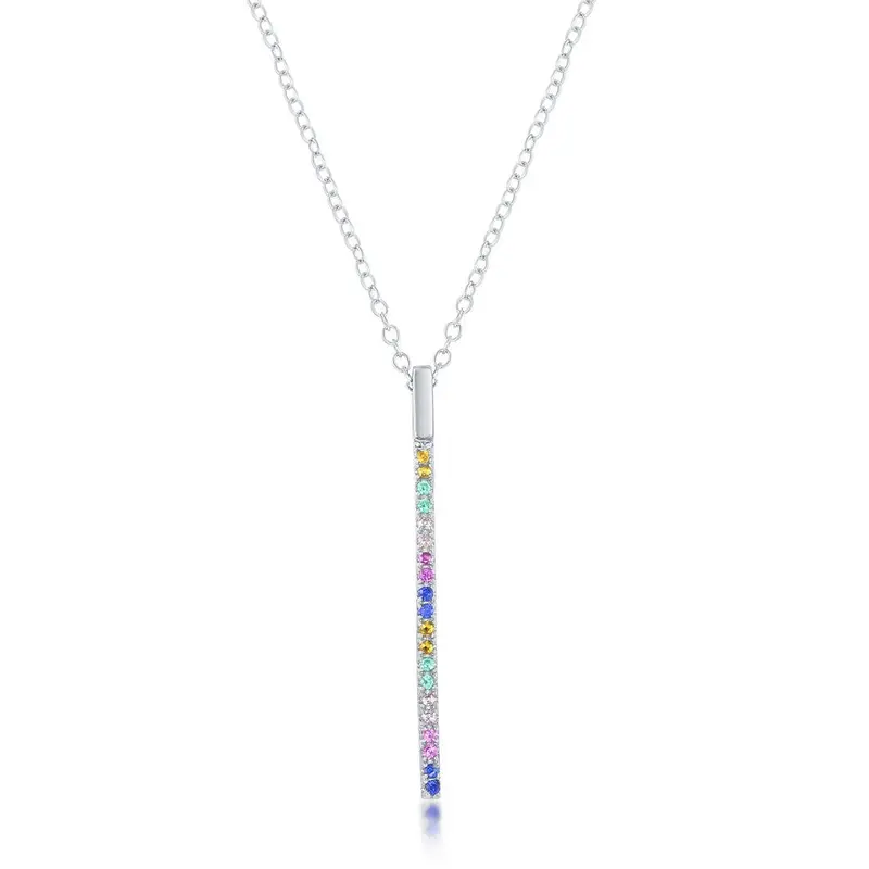 Sterling Silver Rainbow CZ Vertical Bar Necklace