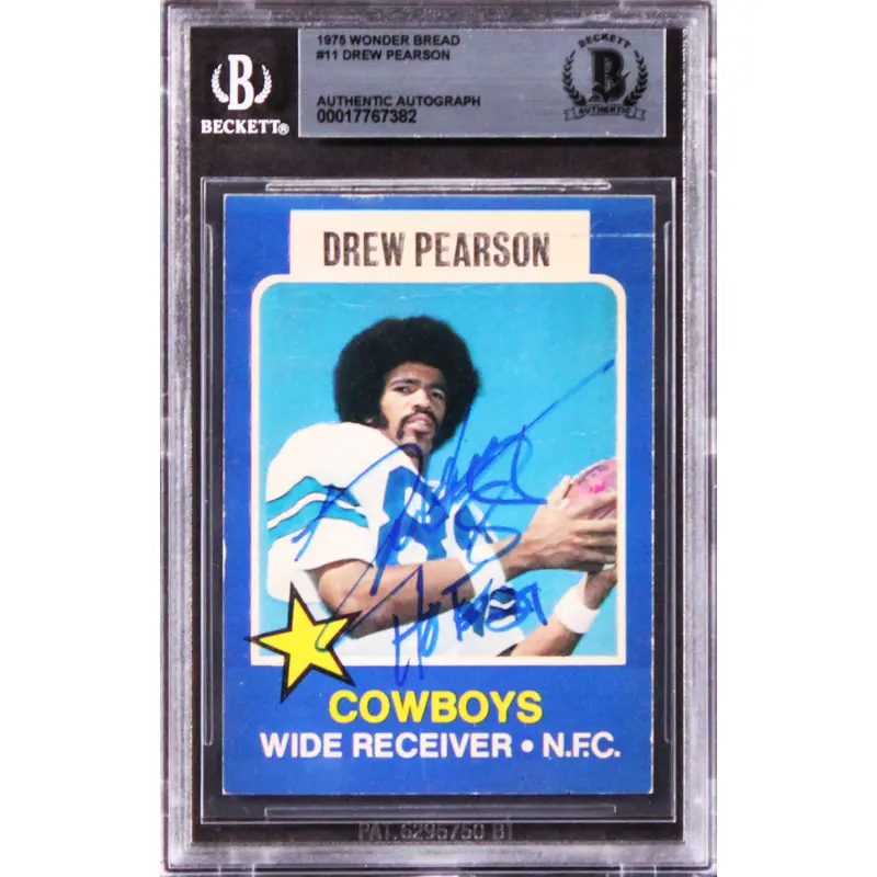 Cowboys Drew Pearson "HOF 21" Signed 1975 Wonder Bread #11 Card BAS Slabbed 2
