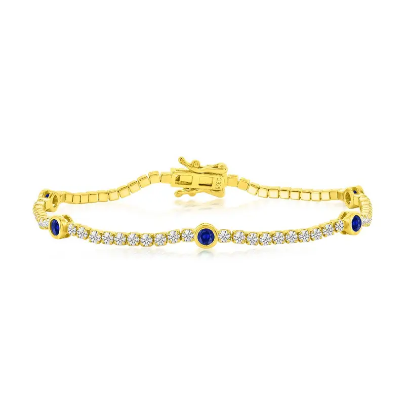 Sterling Silver, Bezel-Set CZ Gold Plated Bracelet - Sapphire