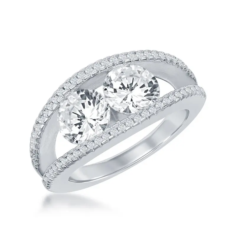 Sterling Silver, Double Band with Center Two-Stone, CZ Ring