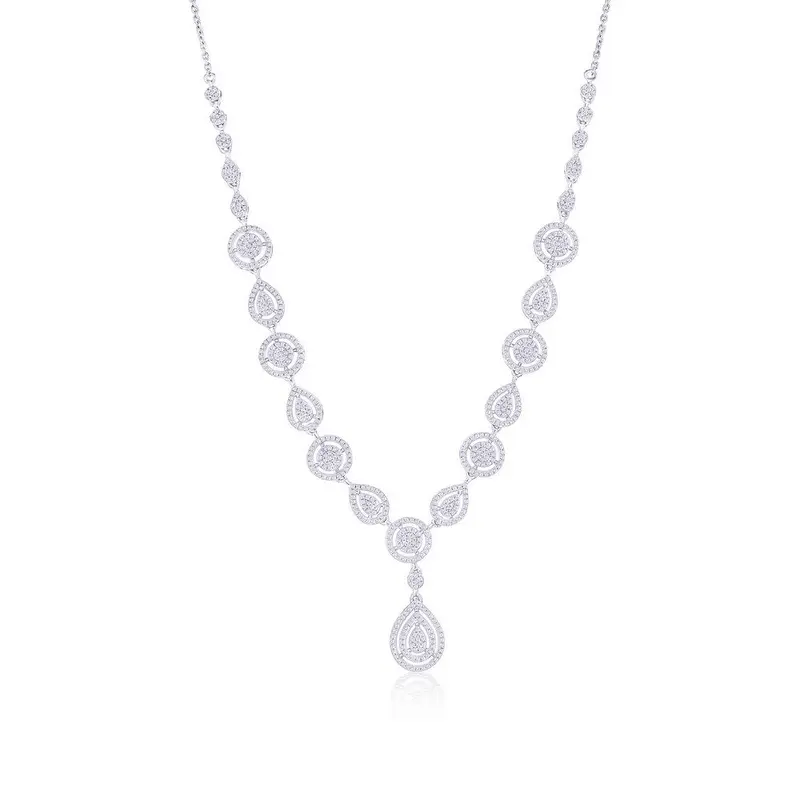 Sterling Silver, Round & Pearshaped Halo Diamond Necklace - (666 Stones)