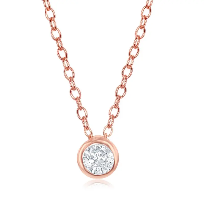 Sterling Silver Single Bezel-set Cubic Zirconia Necklace - Rose Gold Plated