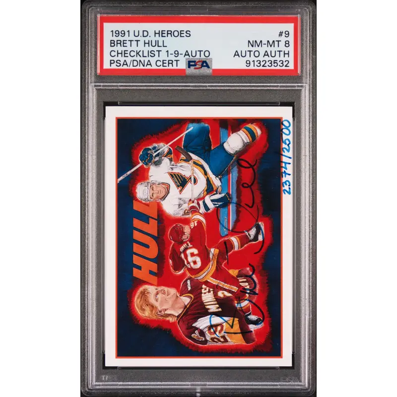 Brett Hull 1991 Upper Deck Heroes Autograph #2374/2500 PSA 8 Auto Auth