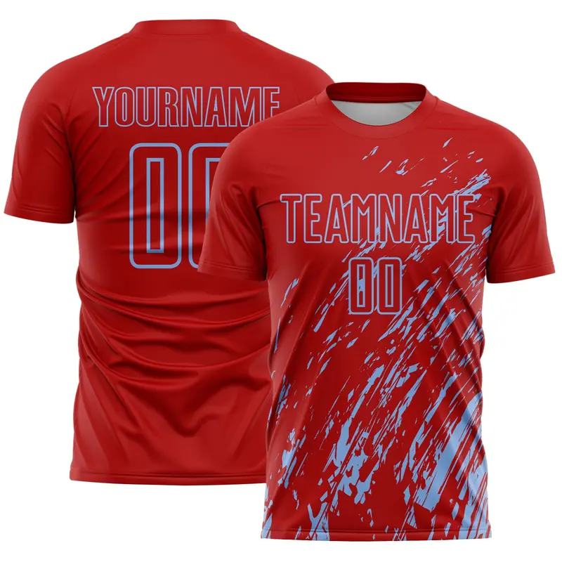 Custom Red Light Blue Splash Sublimation Soccer Uniform Jersey