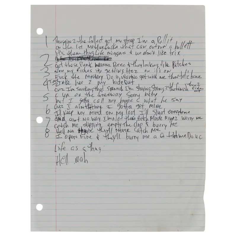 Tupac Shakur Gang Related 8.5x11 Handwritten Life's So Hard Lyrics JSA #XX79955