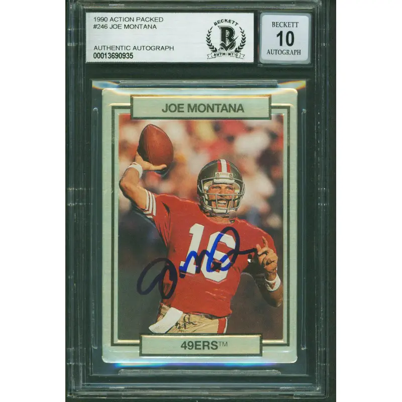 49ers Joe Montana Signed 1990 Action Packed #246 Card Auto Grade 10! BAS Slabbed