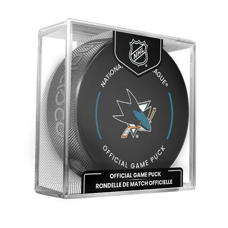 NHL San Jose Sharks Officially Licensed 2024-25 Team Game Hockey Puck Design- In Cube