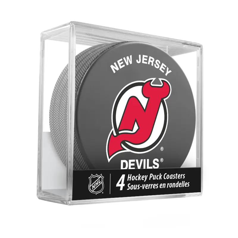 NHL New Jersey Devils Hockey Puck Drink Coasters (4-Pack) In Cube