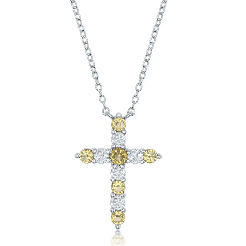 Sterling Silver Citrine CZ 'November Birthstone' Cross Necklace