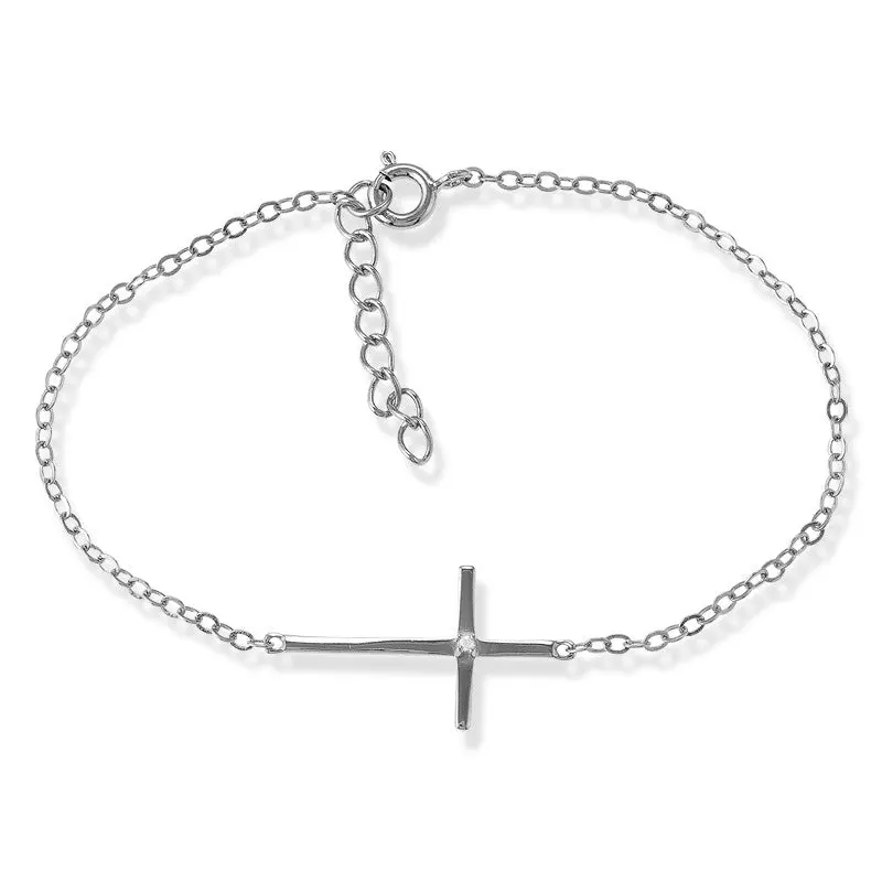 Sterling Silver Sideways Cross Single CZ Bracelet