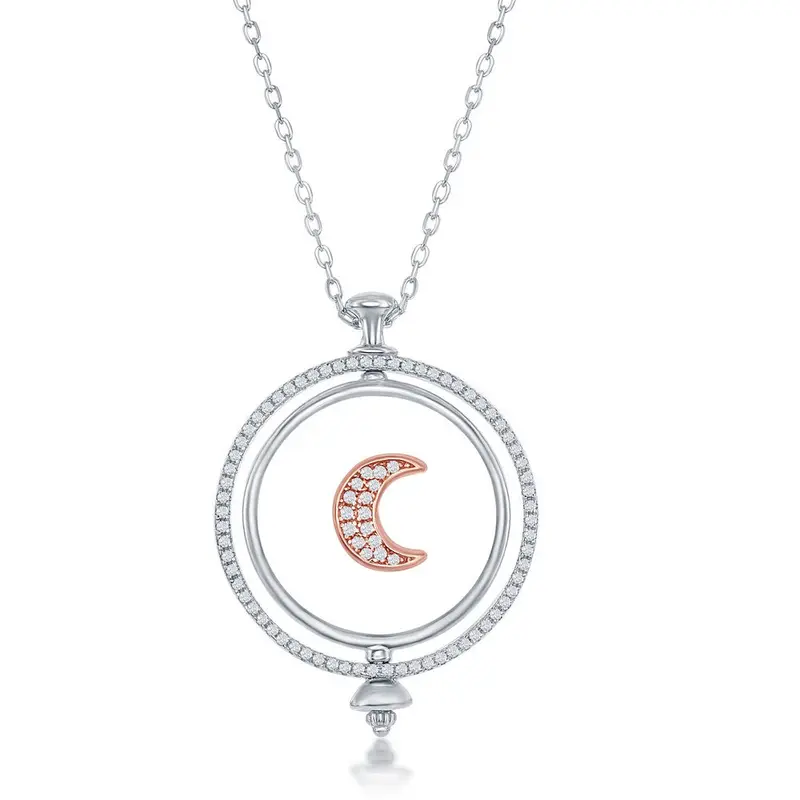 Sterling Silver Two-Tone Spinning Disc Crescent Moon w/ CZ By The Yard Necklace