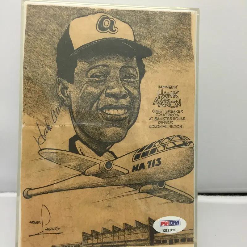 Rare Hank Aaron Signed Art Invitation Bannister House Dinner Frank Lanning PSA