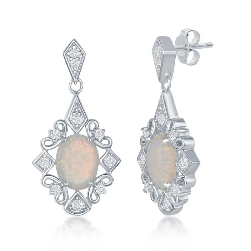 Sterling Silver Diamond Shape W/ CZ's & Oval Opal Stone Earrings