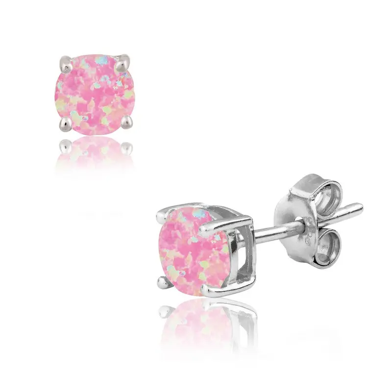 Sterling Silver, Pink Opal Round Stud Earrings