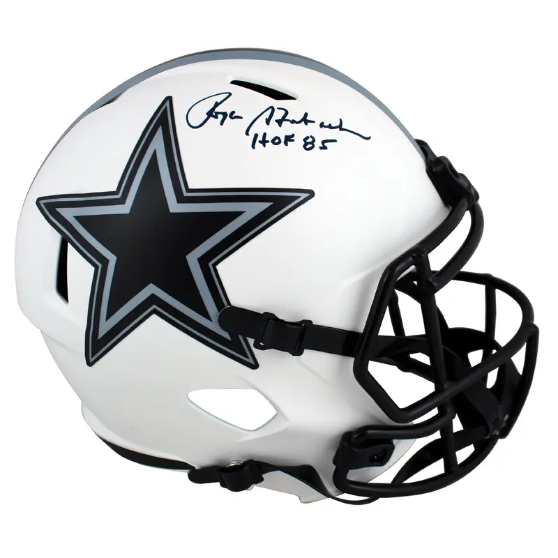 Cowboys Roger Staubach HOF 85 Signed Lunar Full Size Speed Rep Helmet BAS Wit