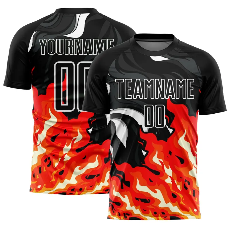 Custom Black Red-Orange Flame Sublimation Soccer Uniform Jersey