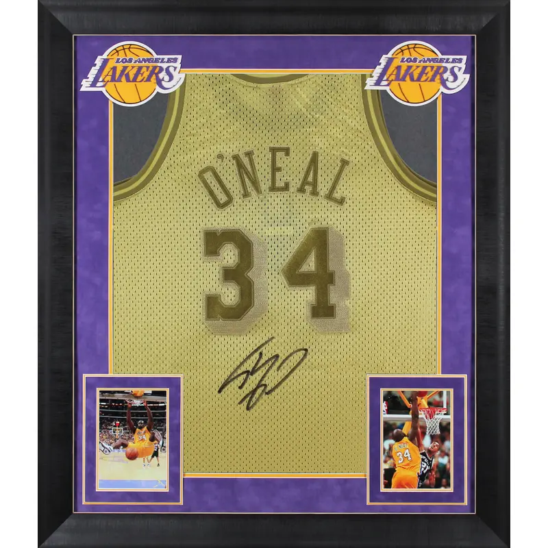 Lakers Shaquille O'Neal Signed Gold 96-97 M&N HWC Swingman Framed Jersey BAS Wit