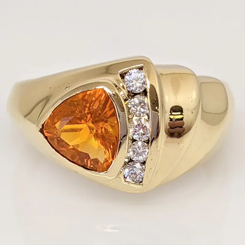 14K MEXICAN FIRE OPAL TRILLION 8MM WITH (5) MELEE ESTATE RING 7.1 GRAMS