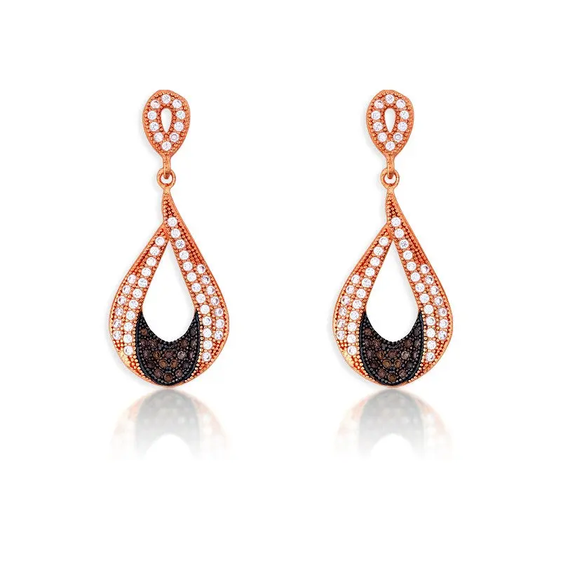 Sterling Silver Rose GP Teardrop with Black Rhodium Micro Pave Earrings