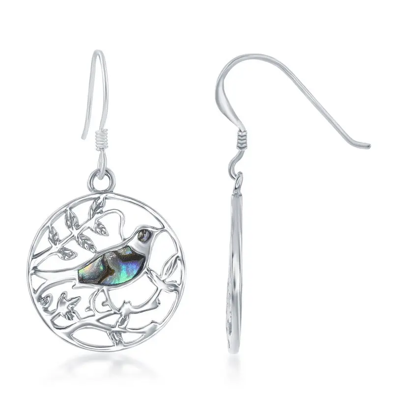 Sterling Silver Round Abalone With Bird Earrings