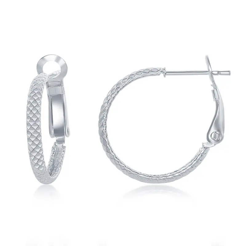 Sterling Silver Rounded Checkered 20mm Hoop Earrings