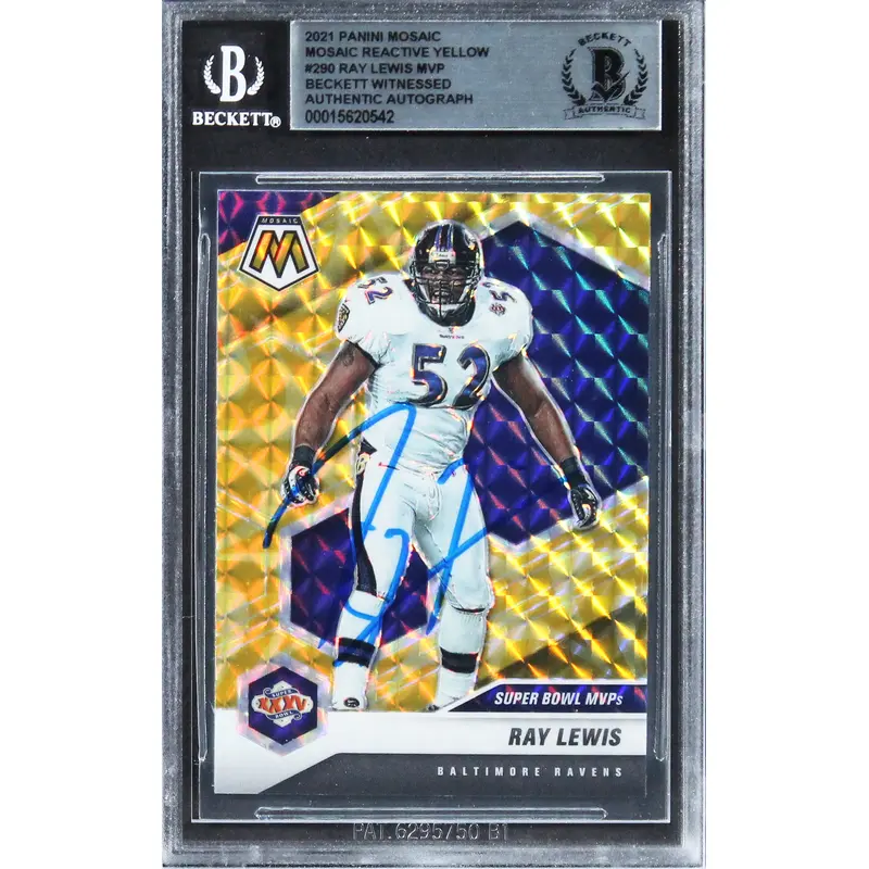 Ravens Ray Lewis Authentic Signed 2021 Panini Mosaic Yellow #290 Card BAS Slab