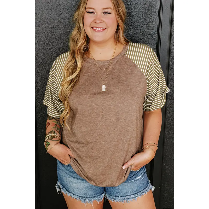 Light French Beige Striped Raglan Sleeve Crewneck Plus Size T Shirt