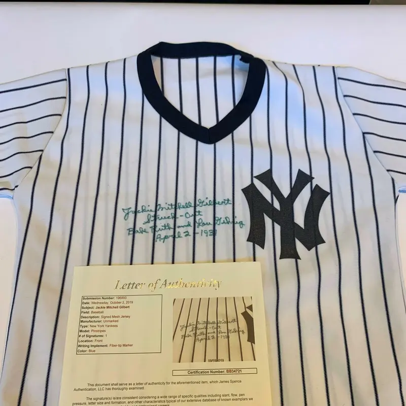 Jackie Mitchell Gilbert I Struck Out Babe Ruth Gehrig Signed Yankees Jersey JSA