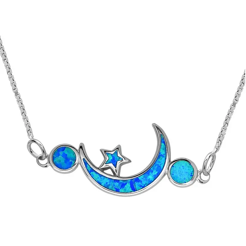 Sterling Silver  Blue Inlay Opal Crescent Moon with Star Necklace