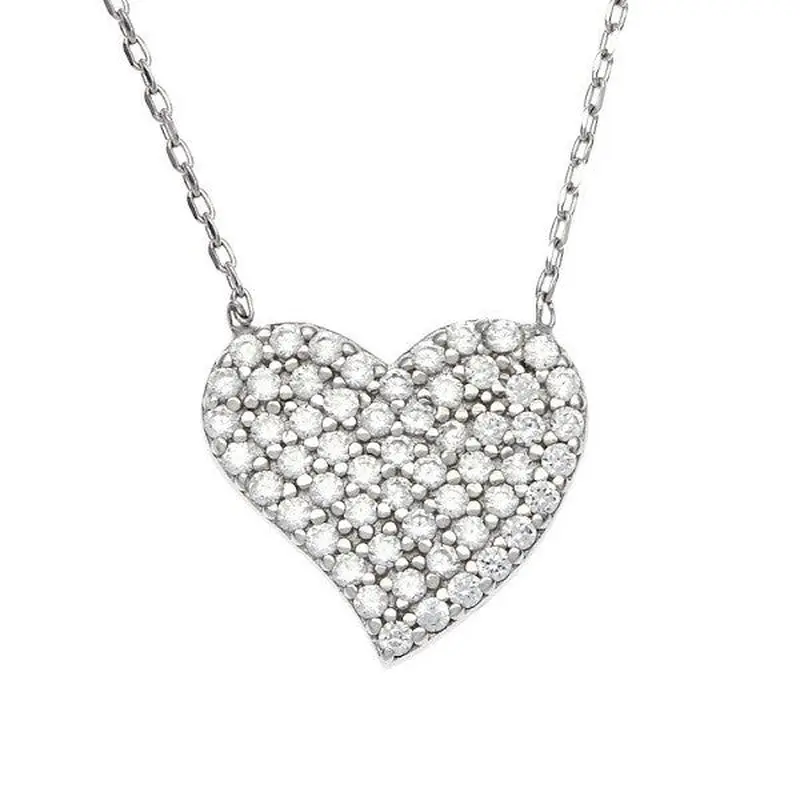 Sterling Silver CZ Heart Necklace - Rhodium Plated