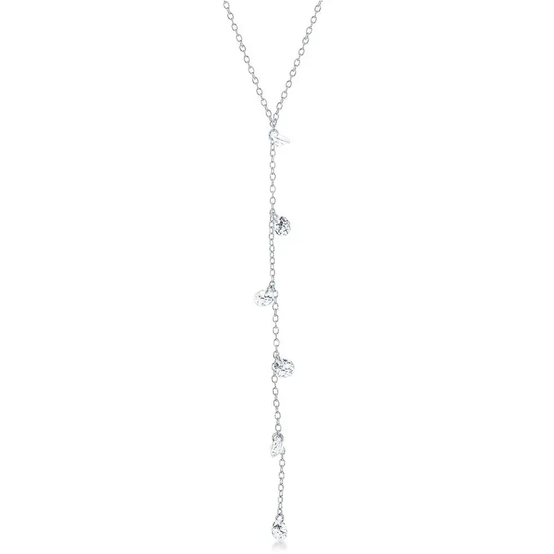 Sterling Silver Hanging CZs Lariat 'Y' Necklace - Rhodium Plated