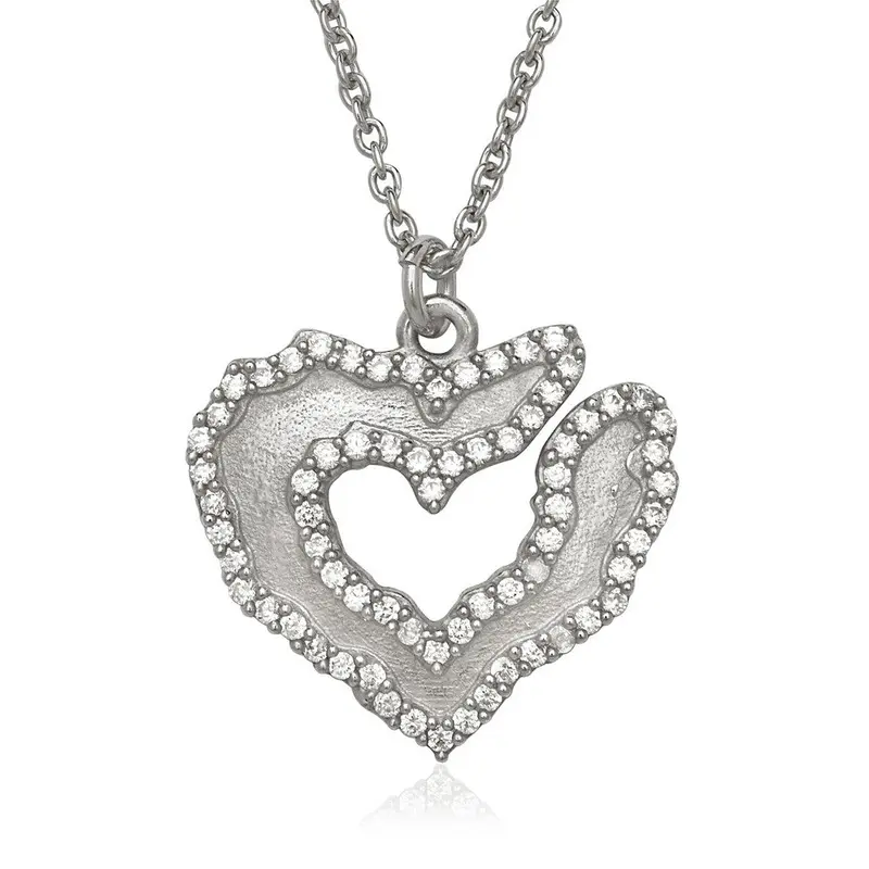 Sterling Silver  Heart with CZ Border Necklace