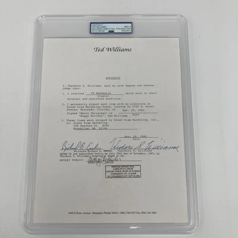 Ted Williams Full Name Signed Original Contract PSA DNA Graded MINT 9