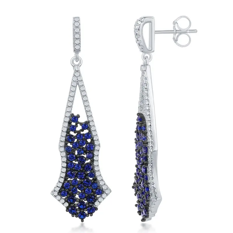Sterling Silver Long Sapphire Black Plating Center w/ White Cz Border Earrings