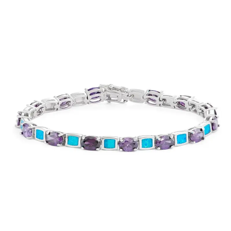 Sterling Silver Alternating Blue Inlay Opal and Amethyst CZ Bracelet