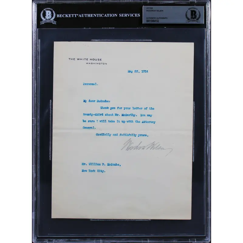 Woodrow Wilson Signed 7x8.75 1914 Letter On White House Letterhead BAS Slab