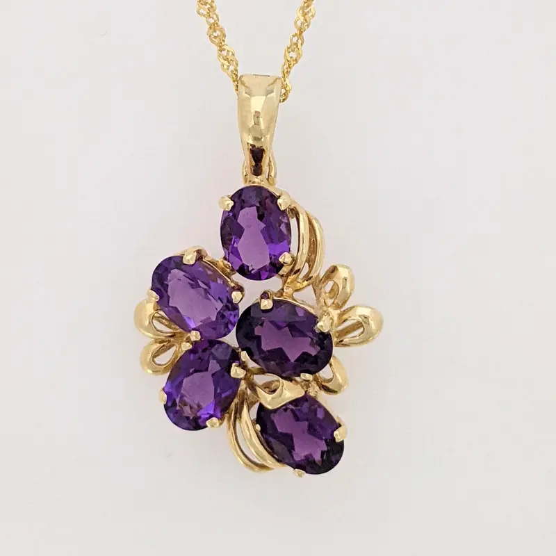 14K AMETHYST OVAL (5) 5X7 CLUSTER ESTATE PENDANT & CHAIN 3.9 GRAMS