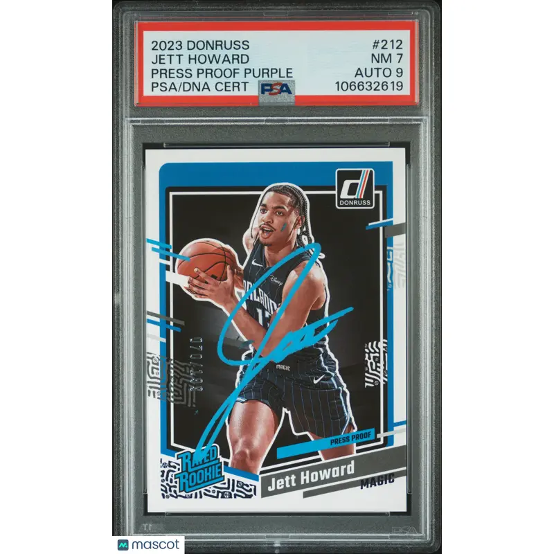 2023 Panini #212 Jett Howard Press Proof Purple 70/199 signed Card PSA 7 AUTO 10